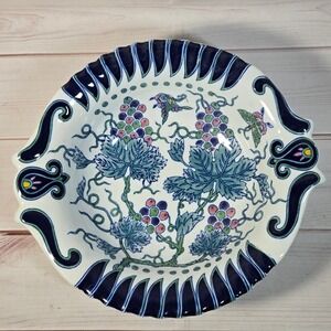 Decorative Serving Bowl Blue Grape Vine Bird Design Scalloped‎ Edge